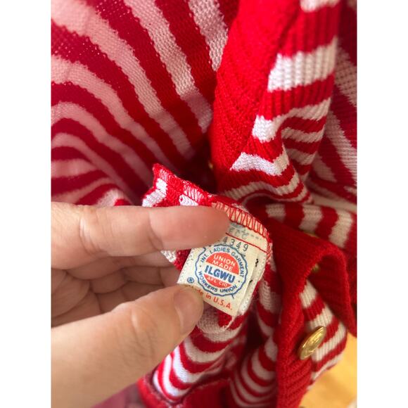 Vintage 90s Red & White Stripe Gold Button Nautical Cardigan - Picture 6 of 8